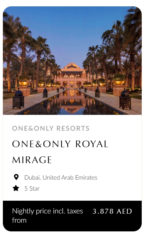 One&Only Royal Mirage, Dubai, 5 stars, from AED 3,878 per night including taxes
