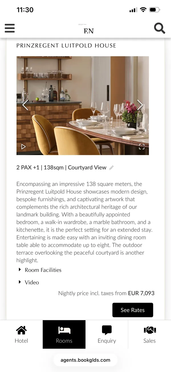 A client offer on an iPhone, branded with the agency's own name: the Prinzregent Luitpold House suite at Rosewood Munich with photos, description and nightly price.