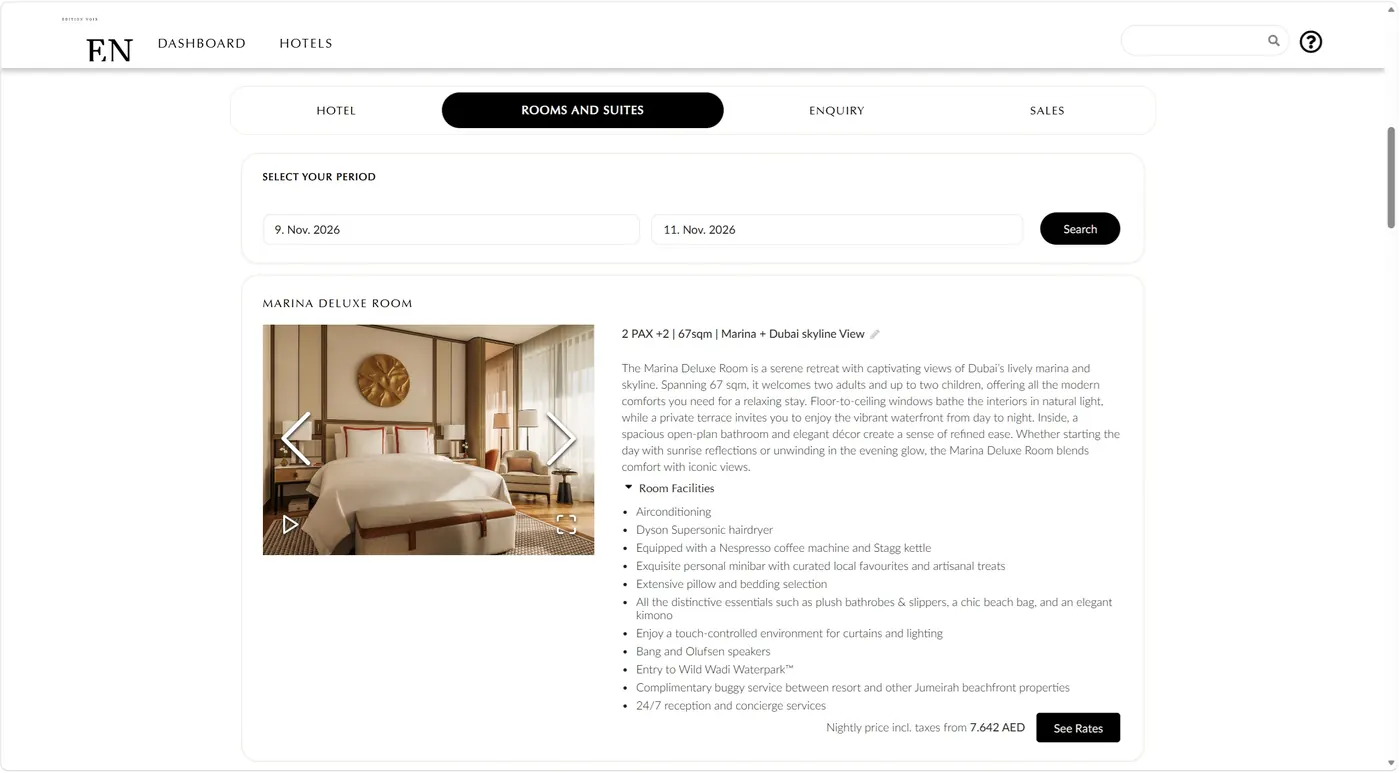 Booking screen showing the Marina Deluxe Room in Dubai with photos, amenities and nightly price.